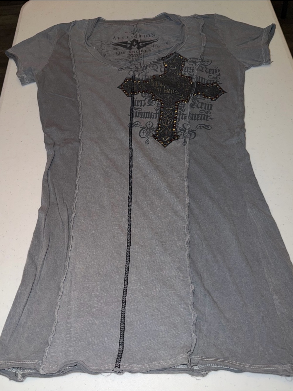 Affliction Light Gray Studded Cross Graphic Tee